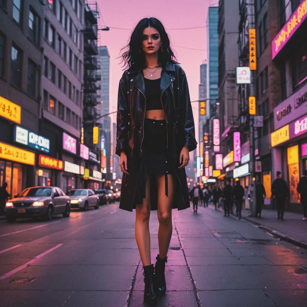 Girl amidst Neon Cityscape in Retro Synthwave Style