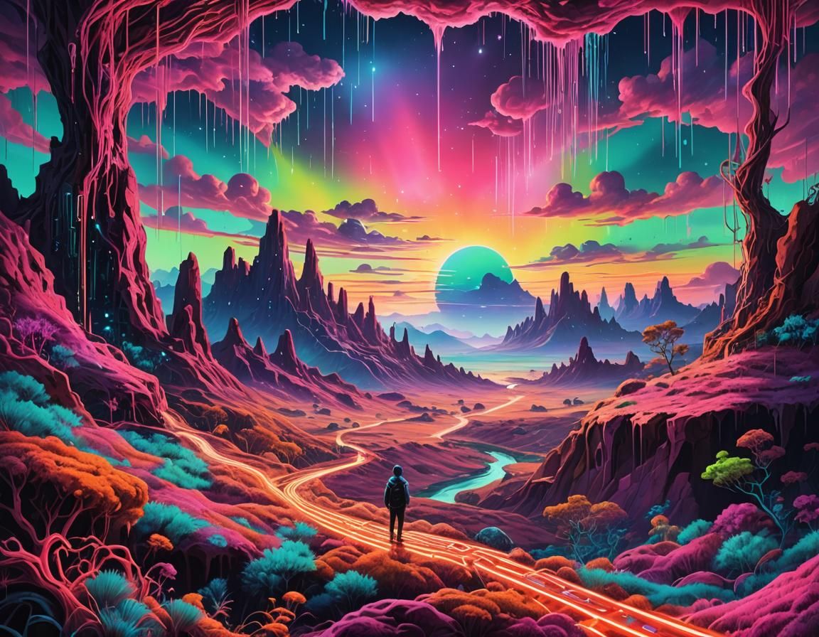 Ethereal Cyberpunk Landscape of Neon Light and Fluid Motion