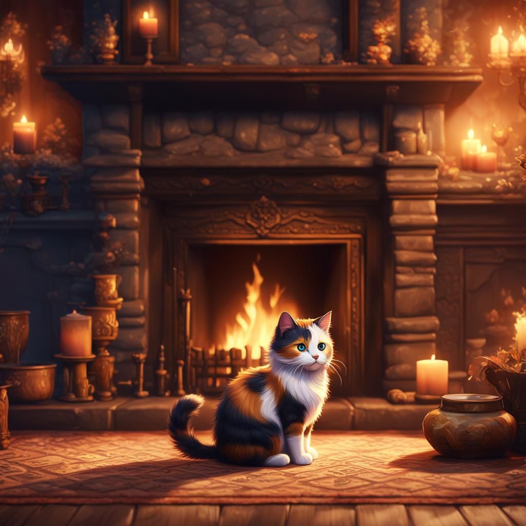 Cute fluffy Chibi calico cat in front of a fireplace