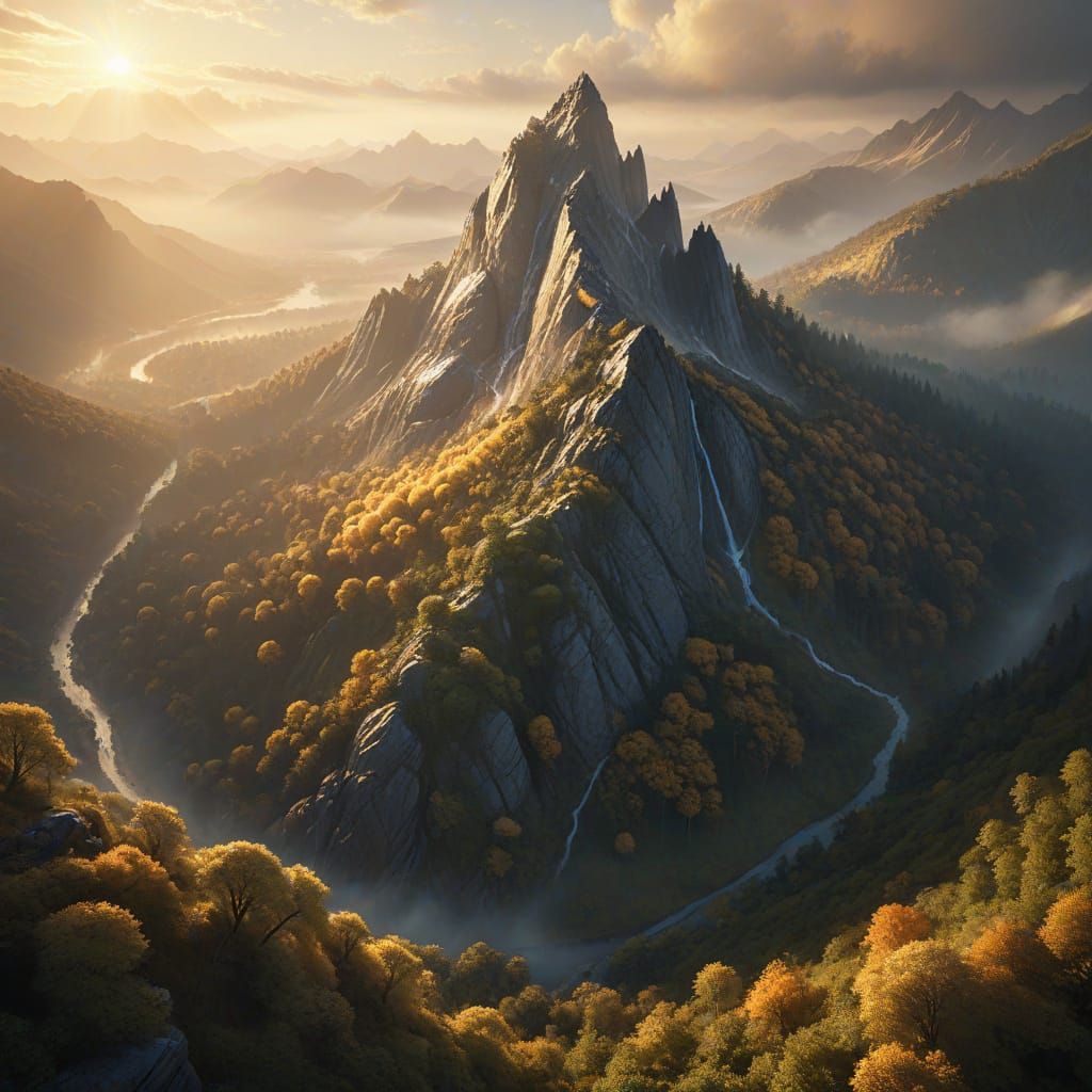 Fantasy Mountain Aerial View in Golden Light