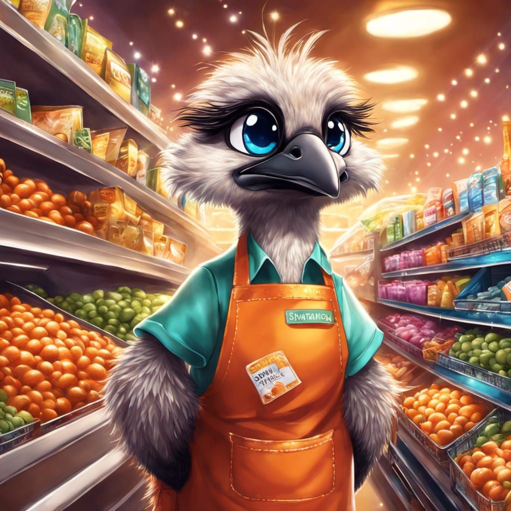 Fluffy Emu Cashier in a Whimsical Supermarket Wonderland