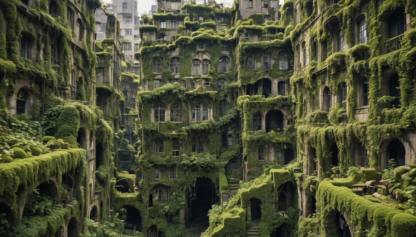 Overgrown city covered in vines and moss