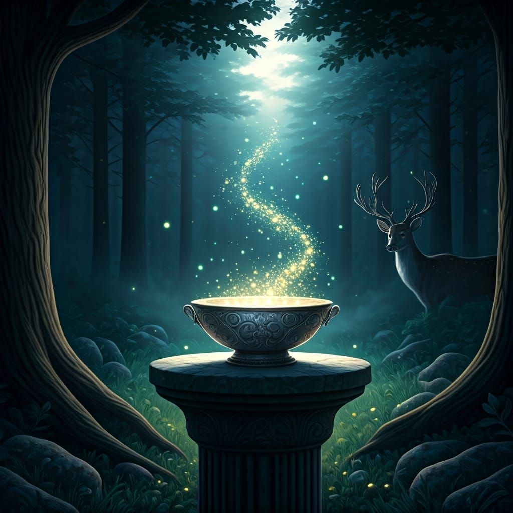 Magical Silver Bowl in Forest Glade at Twilight
