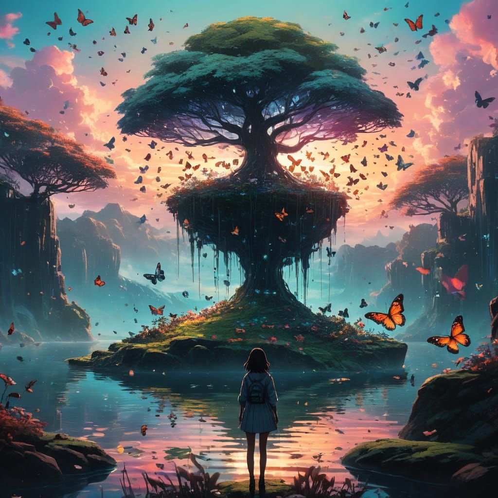 Anime Girl in Surreal Floating Island Landscape