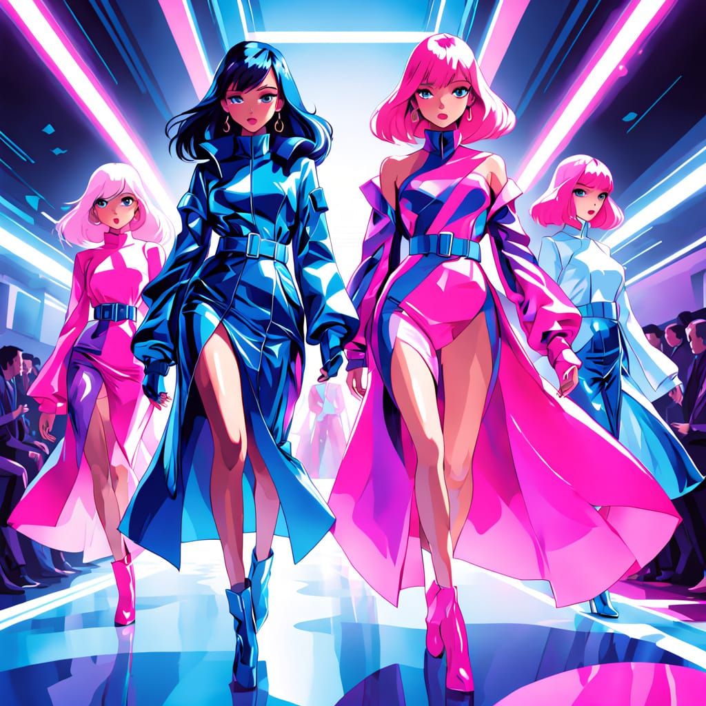 Anime fashion show and runway spotlight. With bold designs, dramatic lighting, and confident struts.
