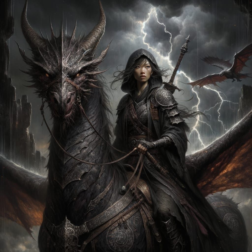Warrior Maiden Rides Majestic Dragon into Darkened Skies