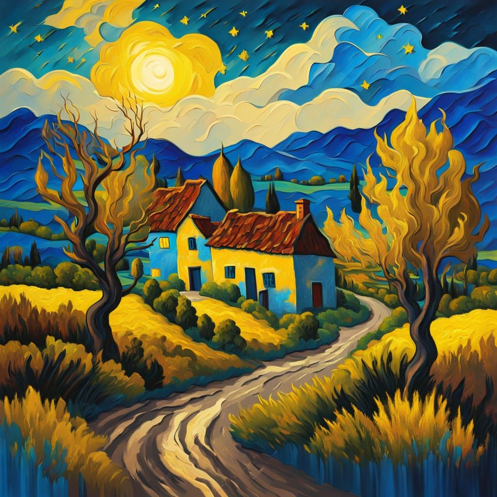Van Gogh Style Village Landscape with Turbulent Sky
