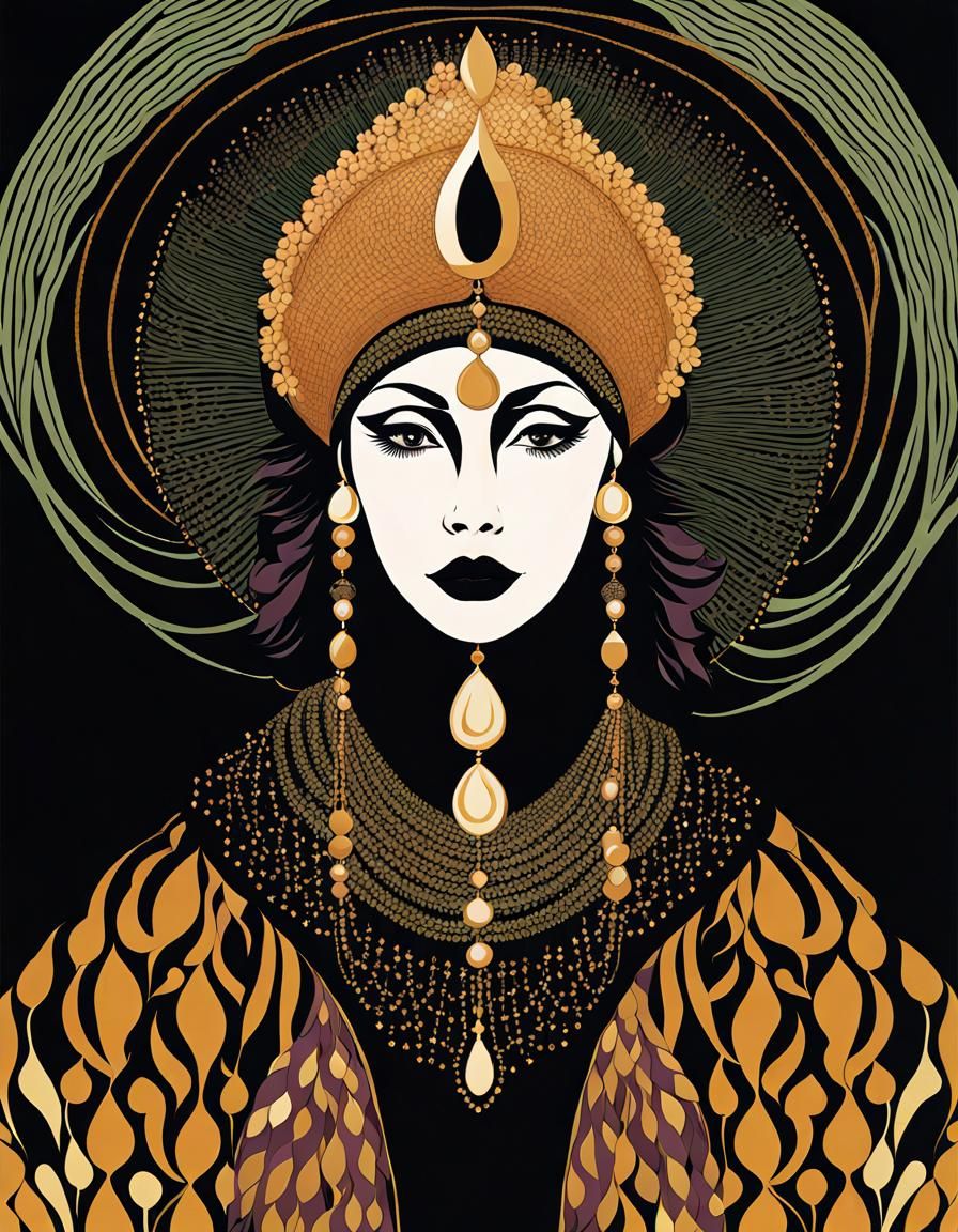 Eccentric Old Witch in Muted Erté-Inspired Hyperdetail