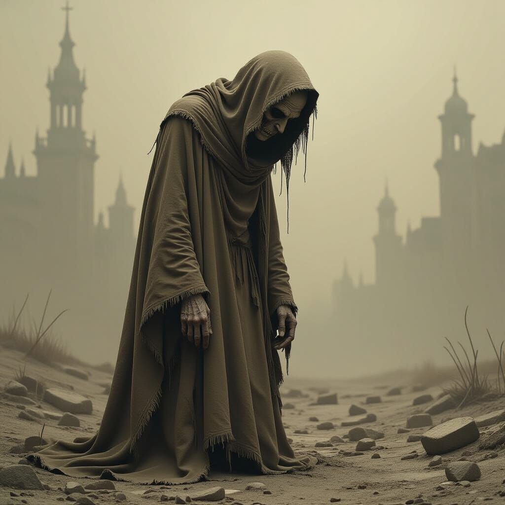 Eerie Gaunt Figure in Dystopian Art Style