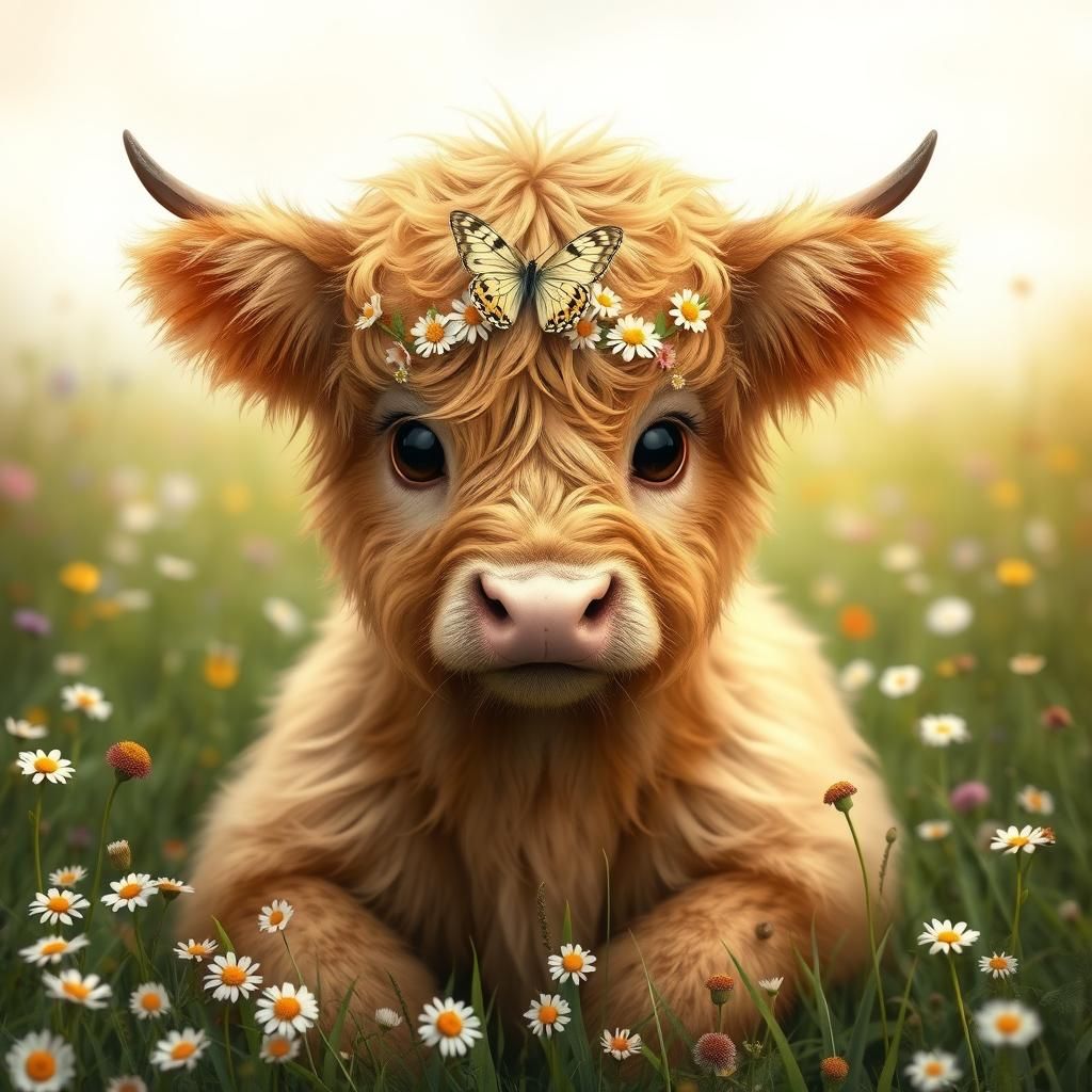 Whimsical Highland Calf in a Sunlit Meadow