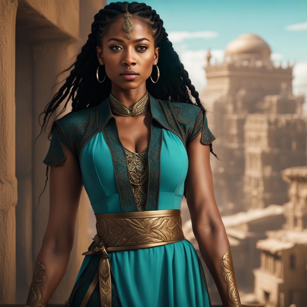 Strong Brown Skinned Woman in Teal Dress with Gold Accents