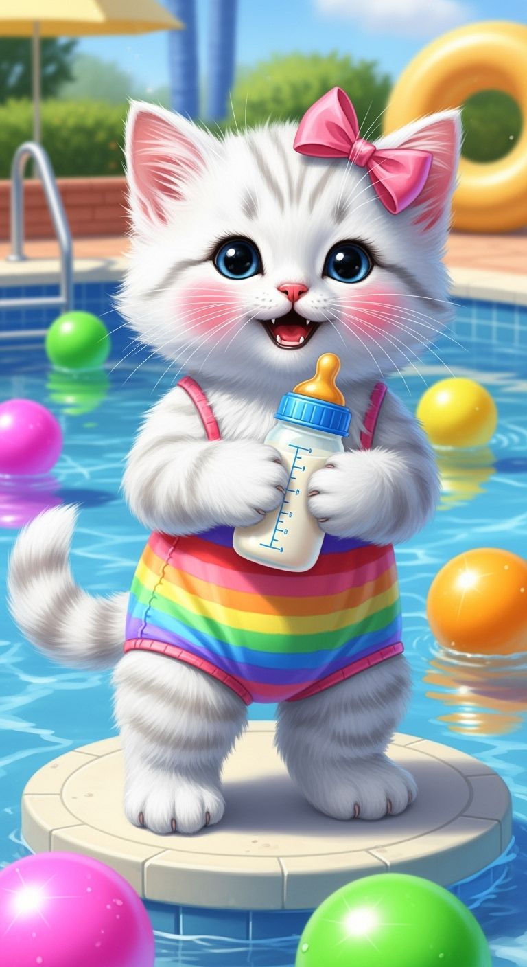 Cute Kitten in Rainbow Swimsuit on Pool Platform