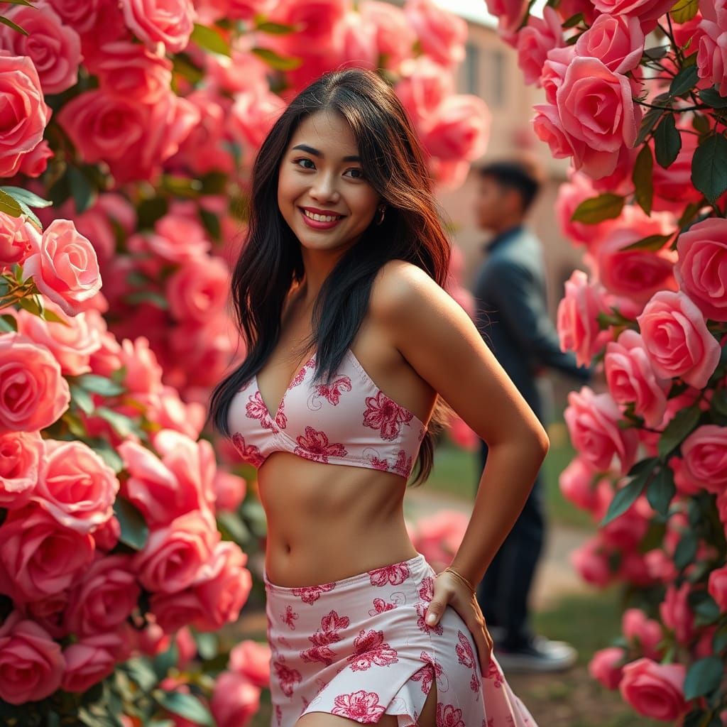Ethereal Bride Surrounded by Vibrant Pink Roses