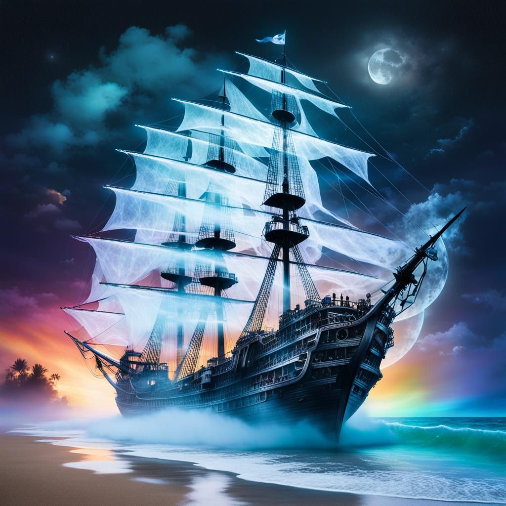 Ethereal Pirate Ship Sails on Tropical Ocean at Night
