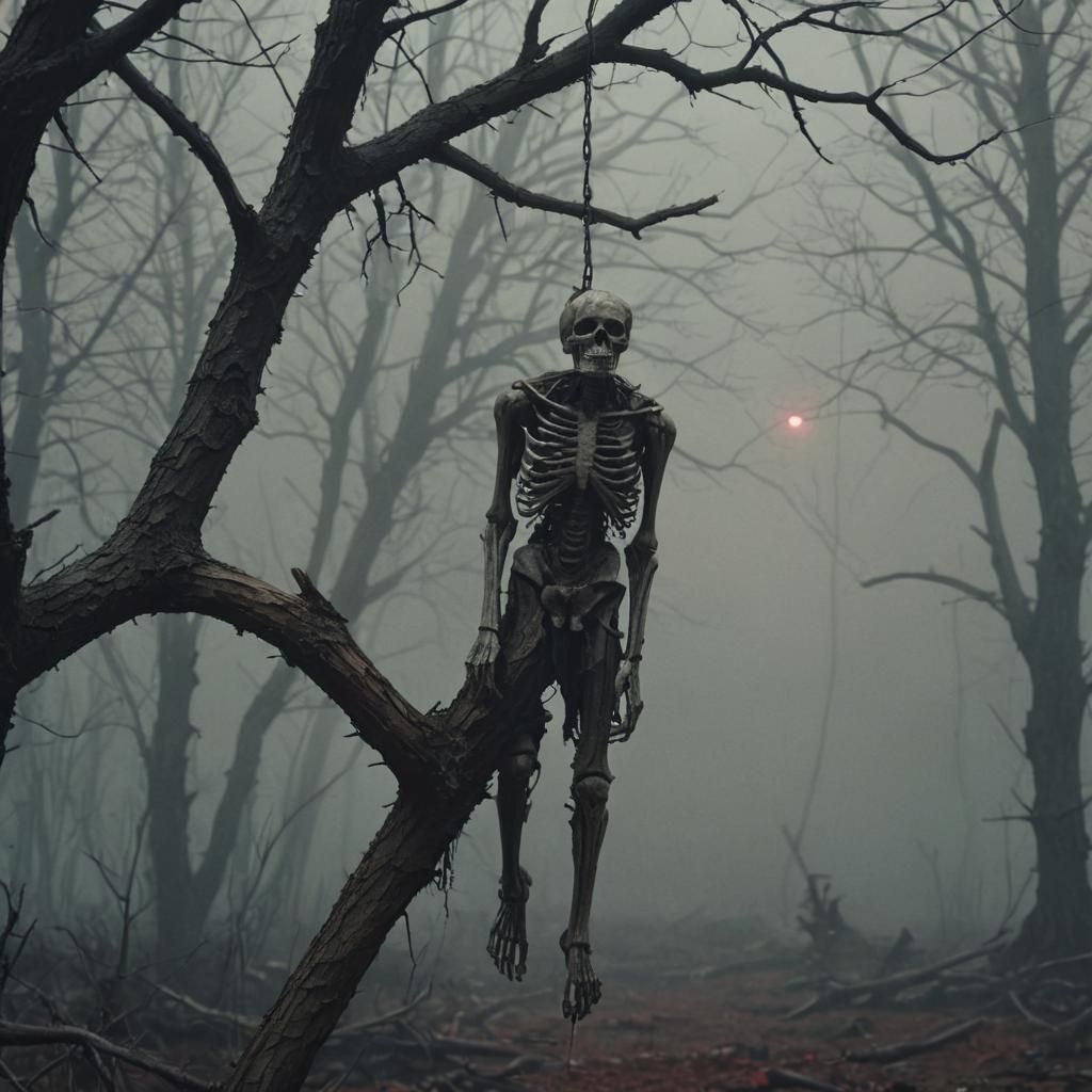 Ethereal Figure Hangs from Dead Tree, Shrouded in Crimson Gl...