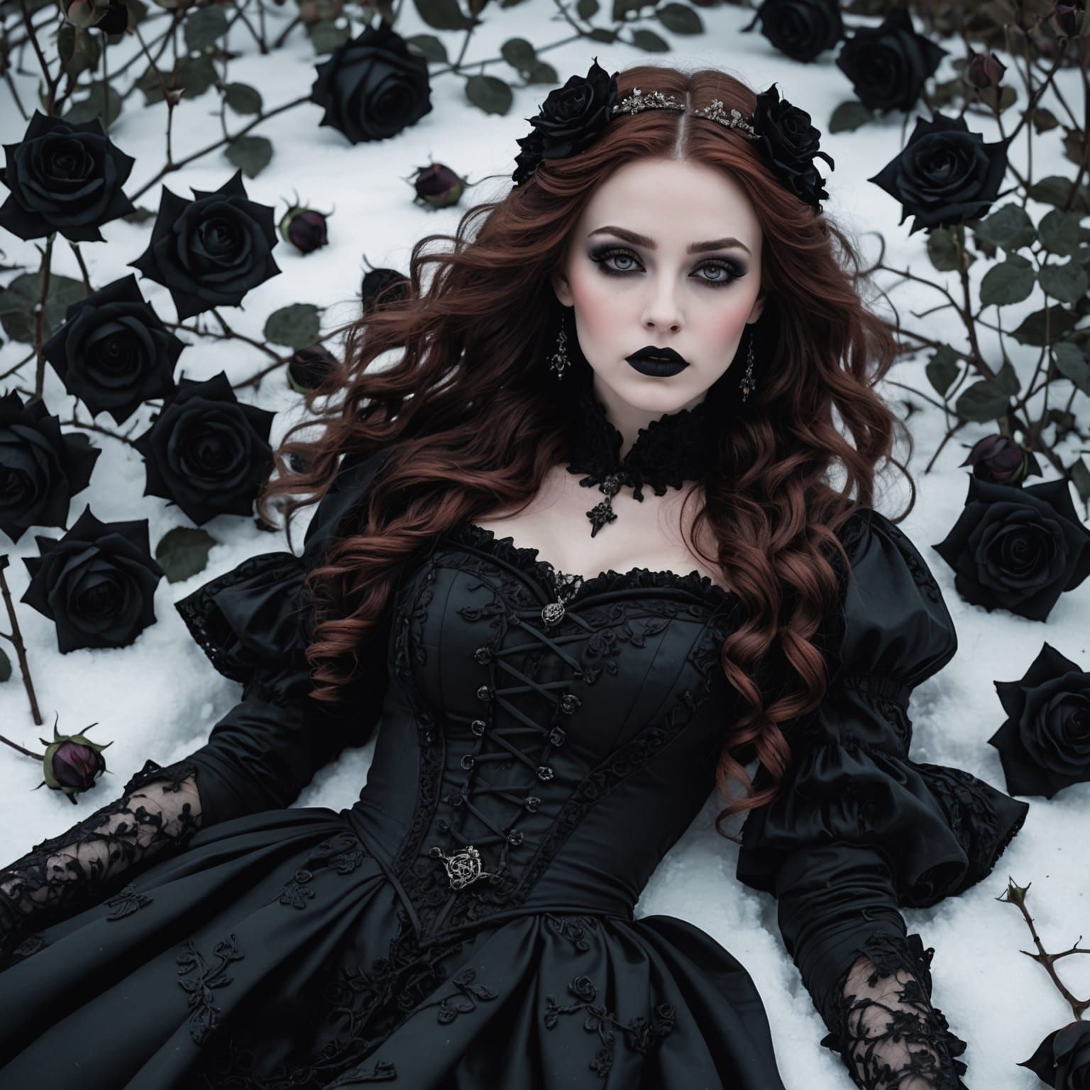 Gothic Beauty Amidst Black Roses in Blizzard