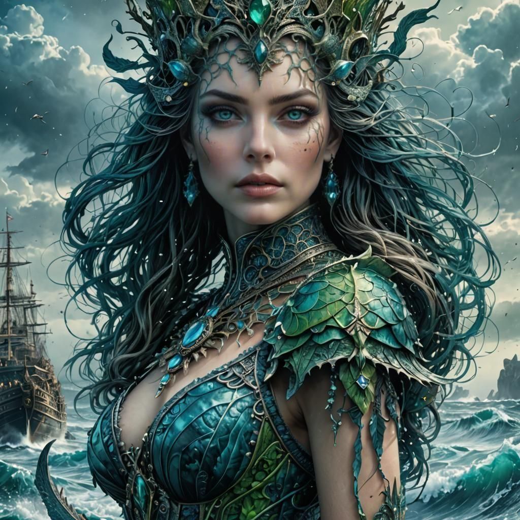 Ethereal Sea Queen in a Fading Rainbow Realm