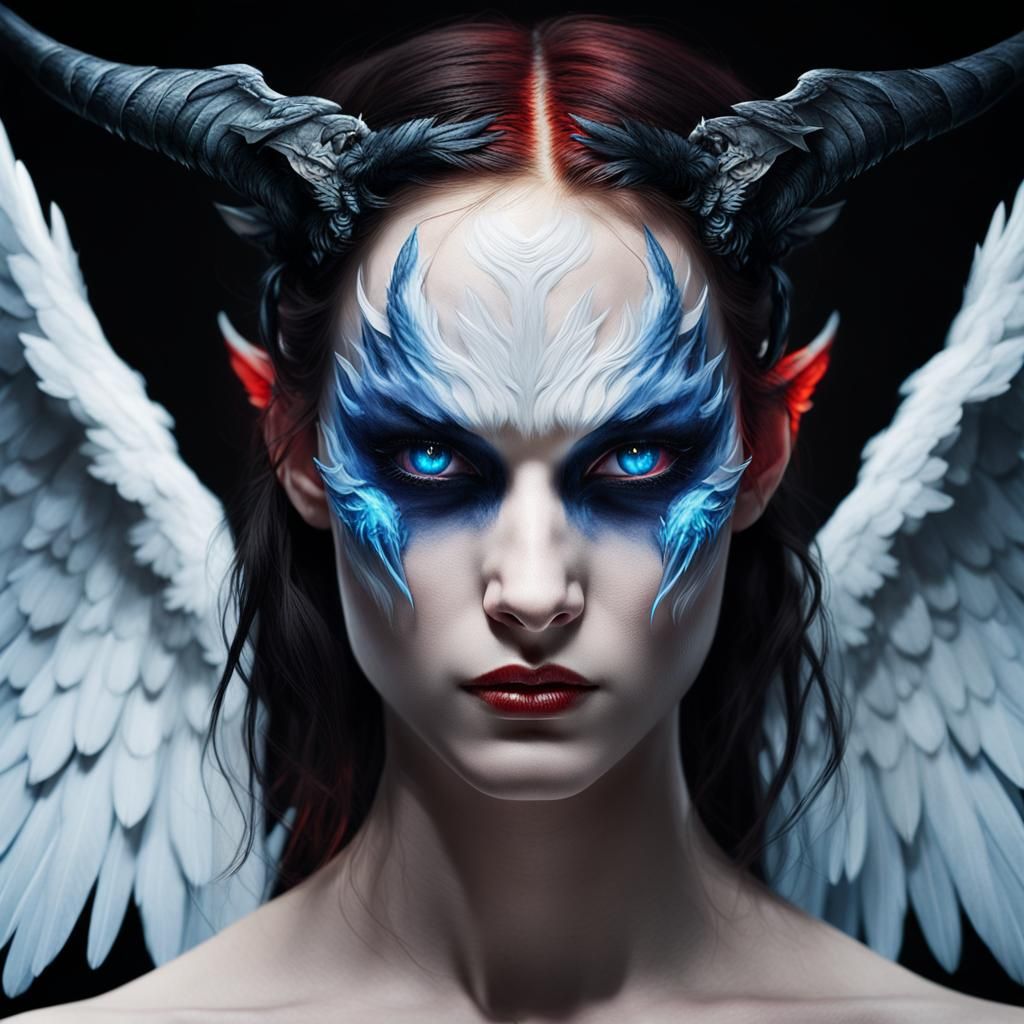 Divine and Infernal Split Portrait in a Harmony of Light and...