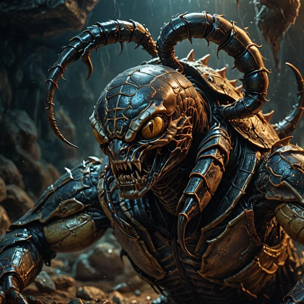 A Dramatic, Hyperrealistic Hybrid of Human and Scorpion in a...