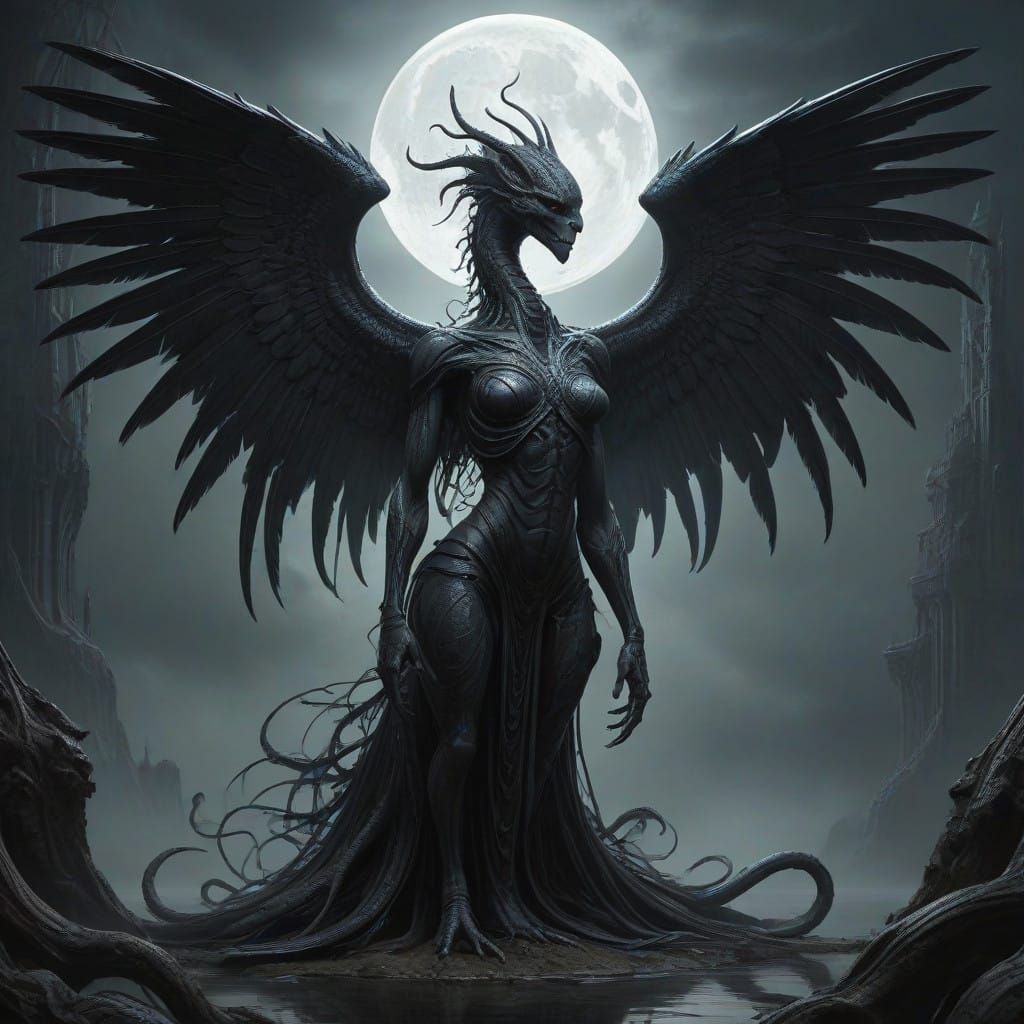 Serpentine Harpy Goddess Emerges from Mythical Shadows