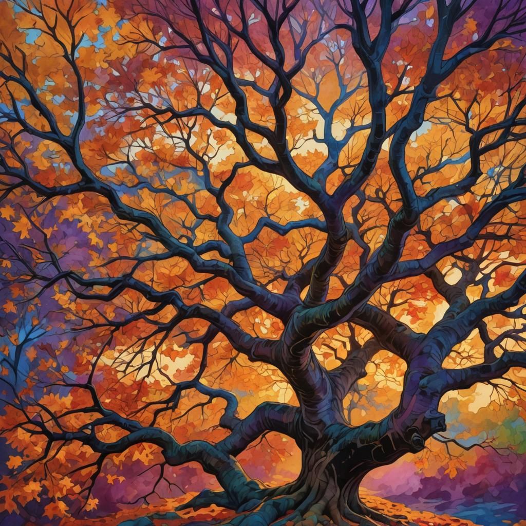 Golden Hour Glory: A Majestic Maple Tree in Cyberpunk Geomet...