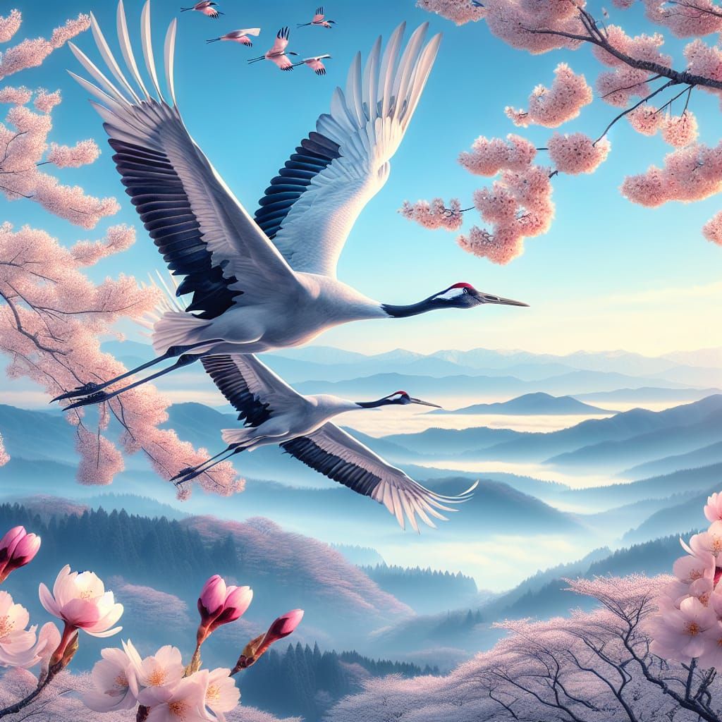 Majestic Cranes Soar Against Cherry Blossom Bloom in Vibrant...