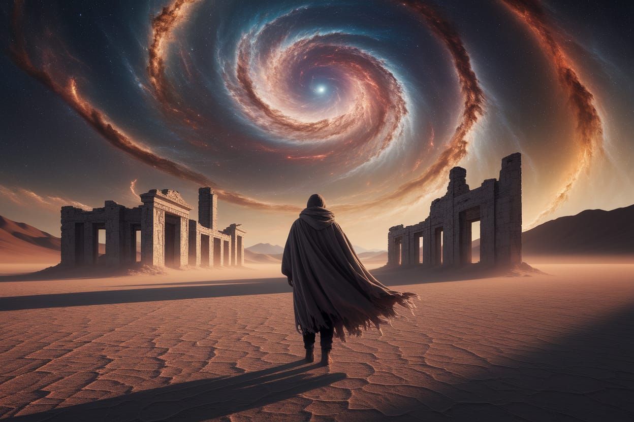 Time Traveler Gazing at Ancient Ruins