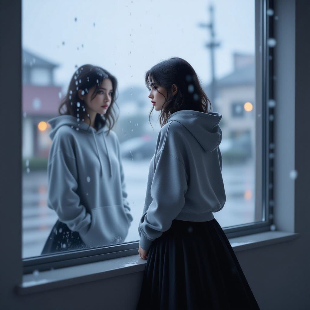 Woman in Hoodie Gazes at Rainy Window in Lo-fi Style