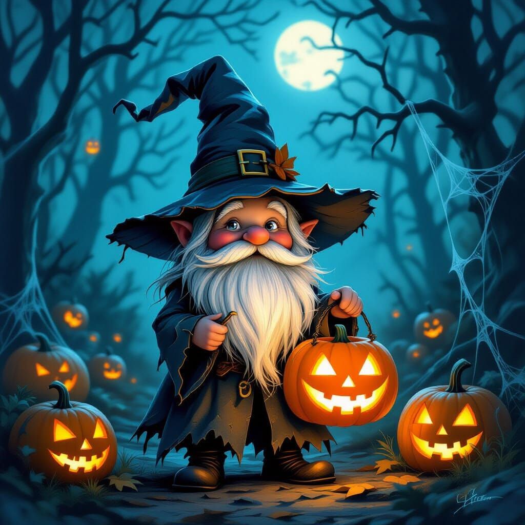 Whimsical Halloween Gnome in Spooky Forest