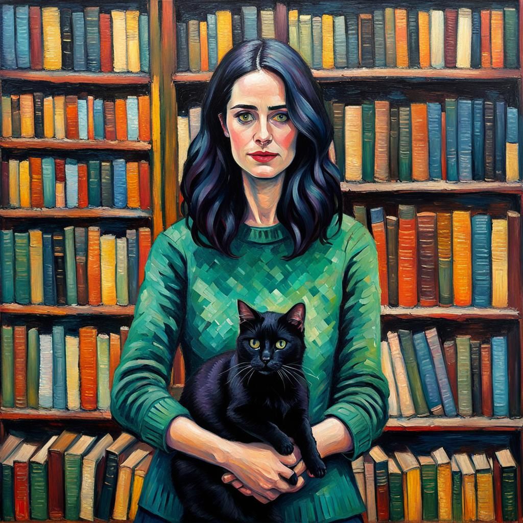 Elegant Actress Amidst Vintage Tomes in Neo-Impressionist St...