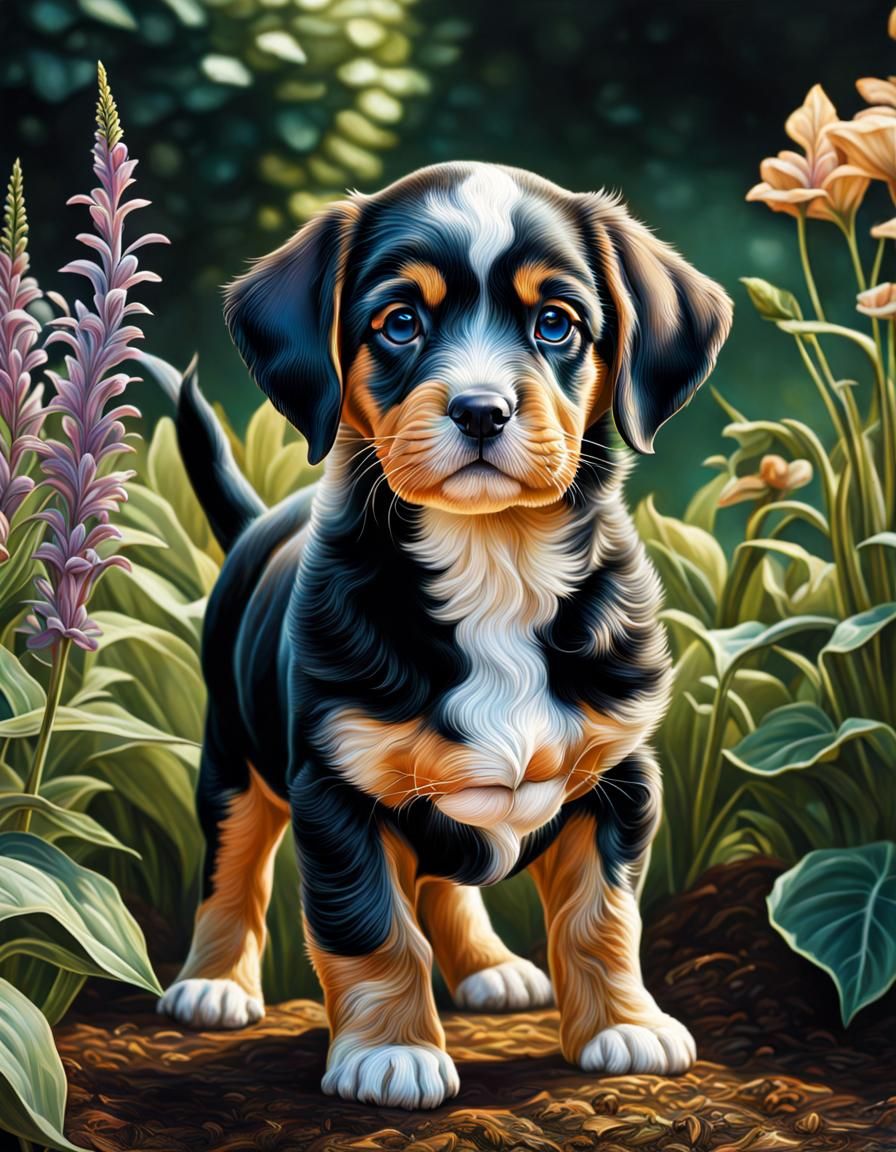 Ethereal Puppy in a Serene Backyard Scene