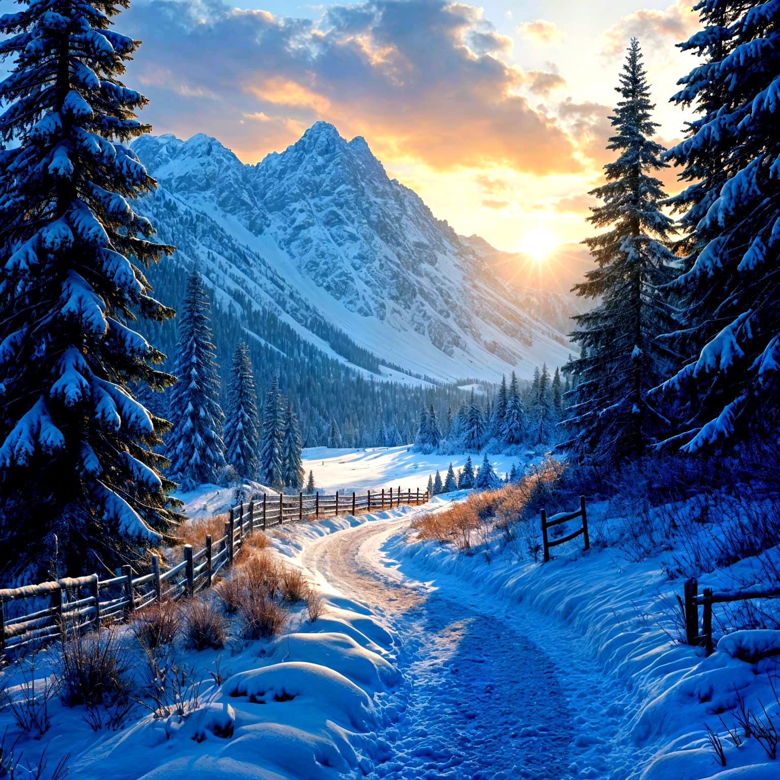 Winter Mountain Forest Sunrise with Dilapidated Fence