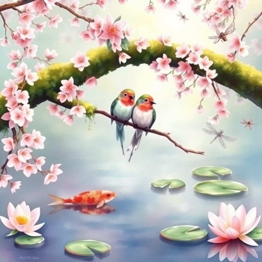 Pastel Lovebirds on Cherry Branch with Koi Pond