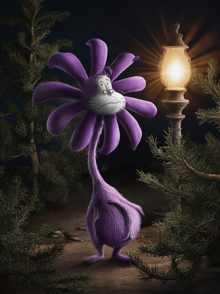 Whimsical Purple Flower Creature in Juniper Forest Glow