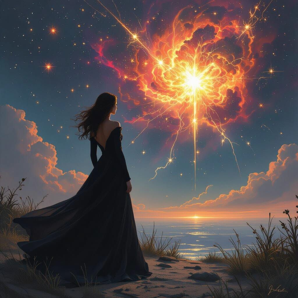 Enigmatic Woman Watches Supernova Ignite: Digital Art