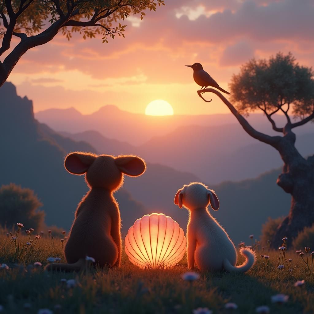 Surreal Sunset Landscape with Theo and the Creature in a Fan...