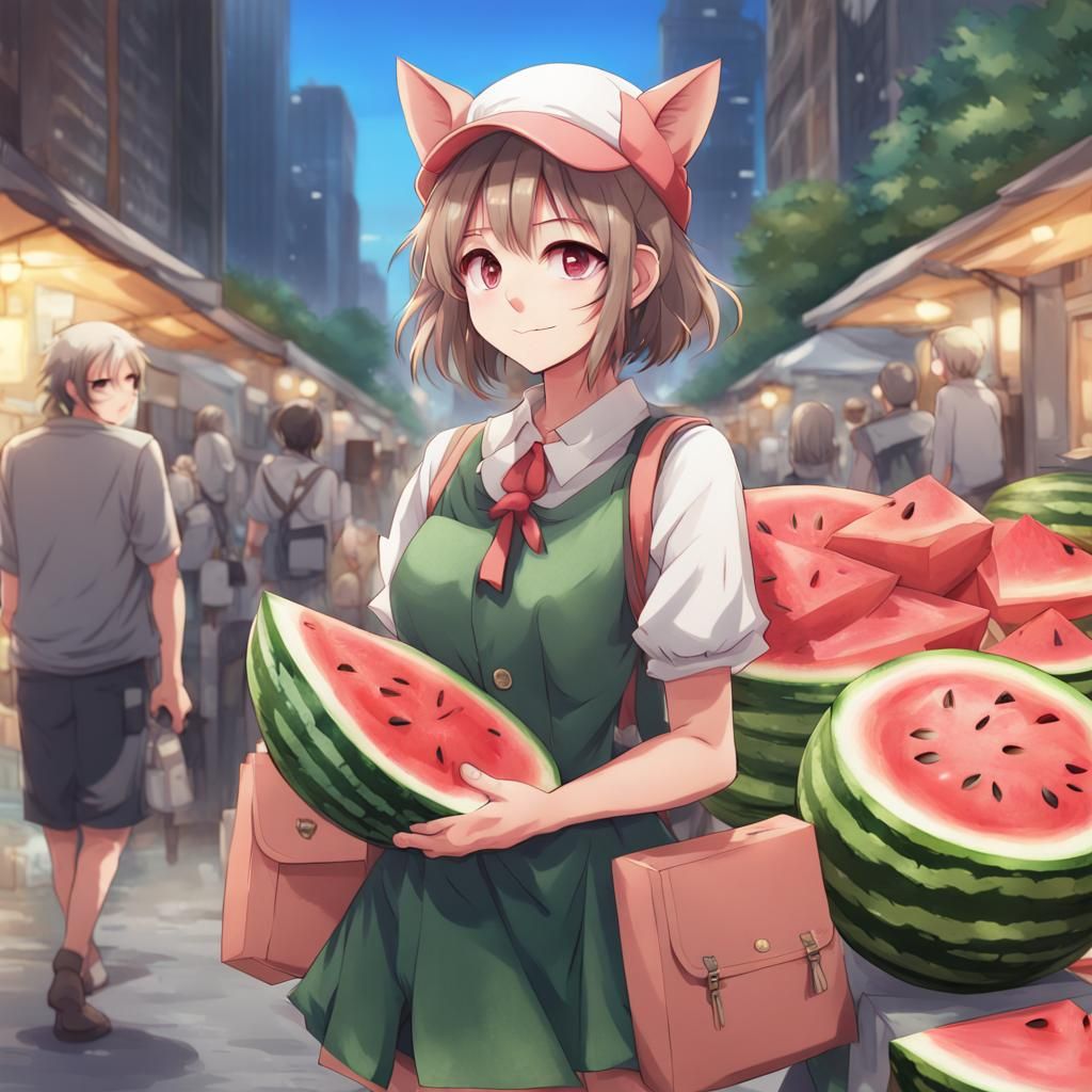 Cute Cat Girl in Urban Watermelon Market