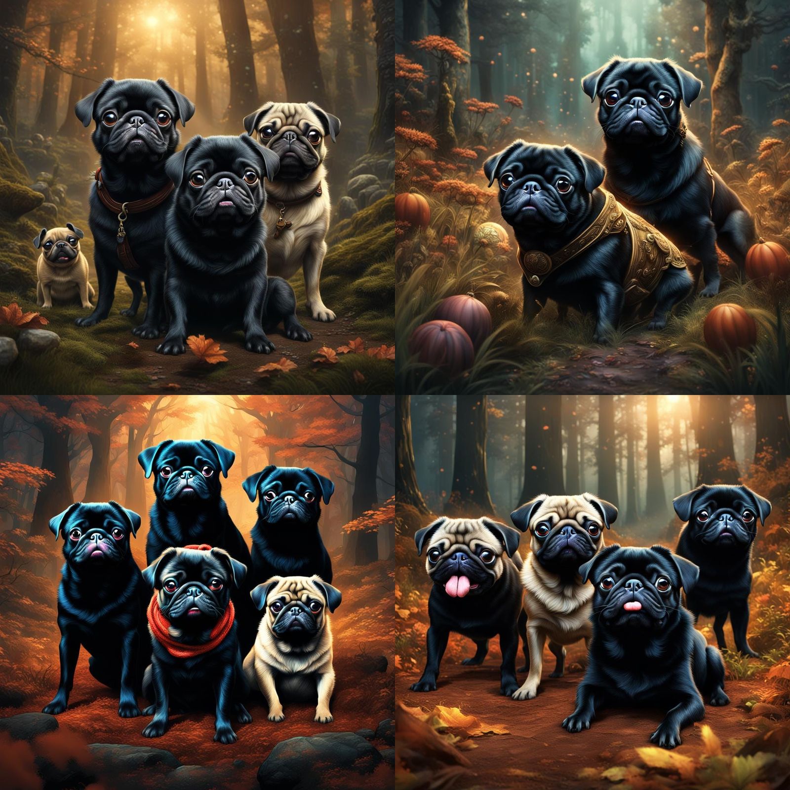 Fawn Pugs in Harmony with a Fantasy Landscape