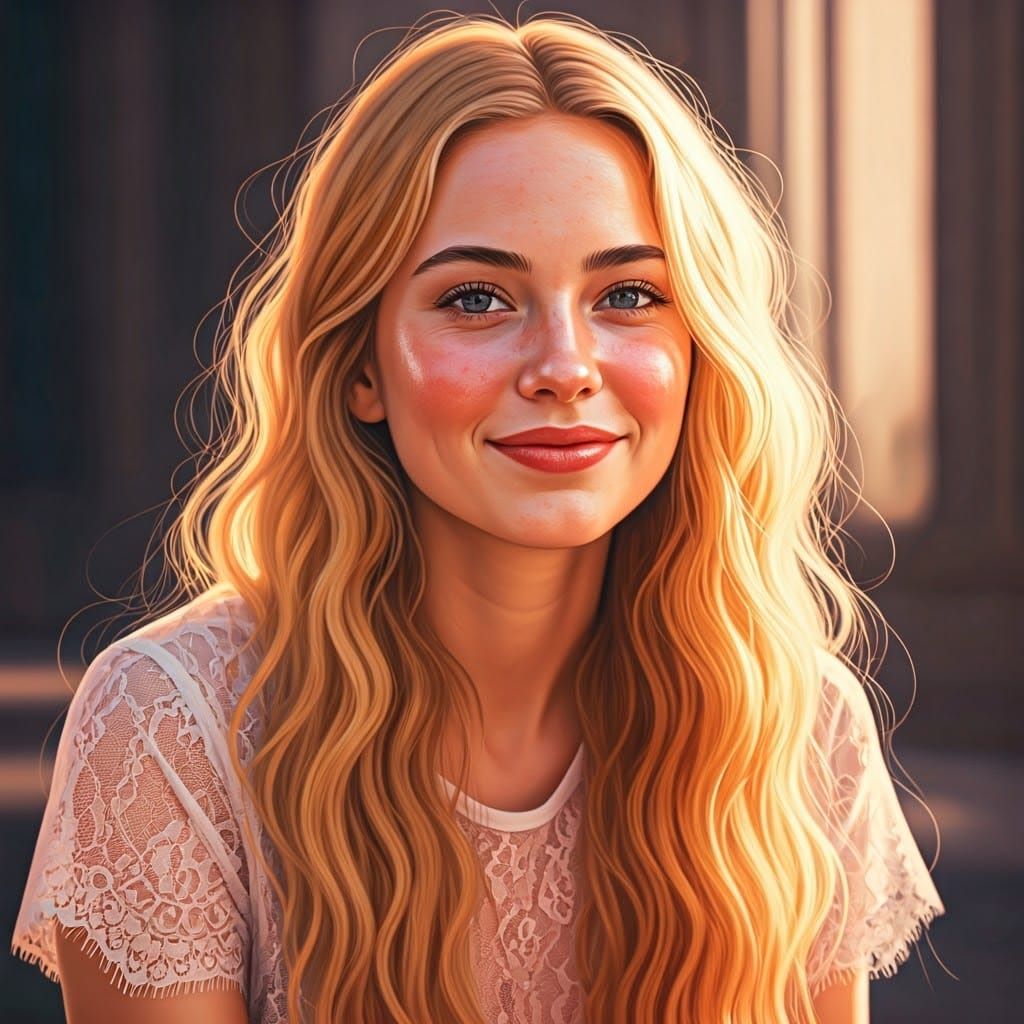 Gently lit, warm portrait. Triss Merigold smiling with flush...