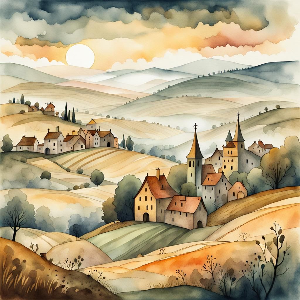 Whimsical Watercolor Townscape in Earthy Tones