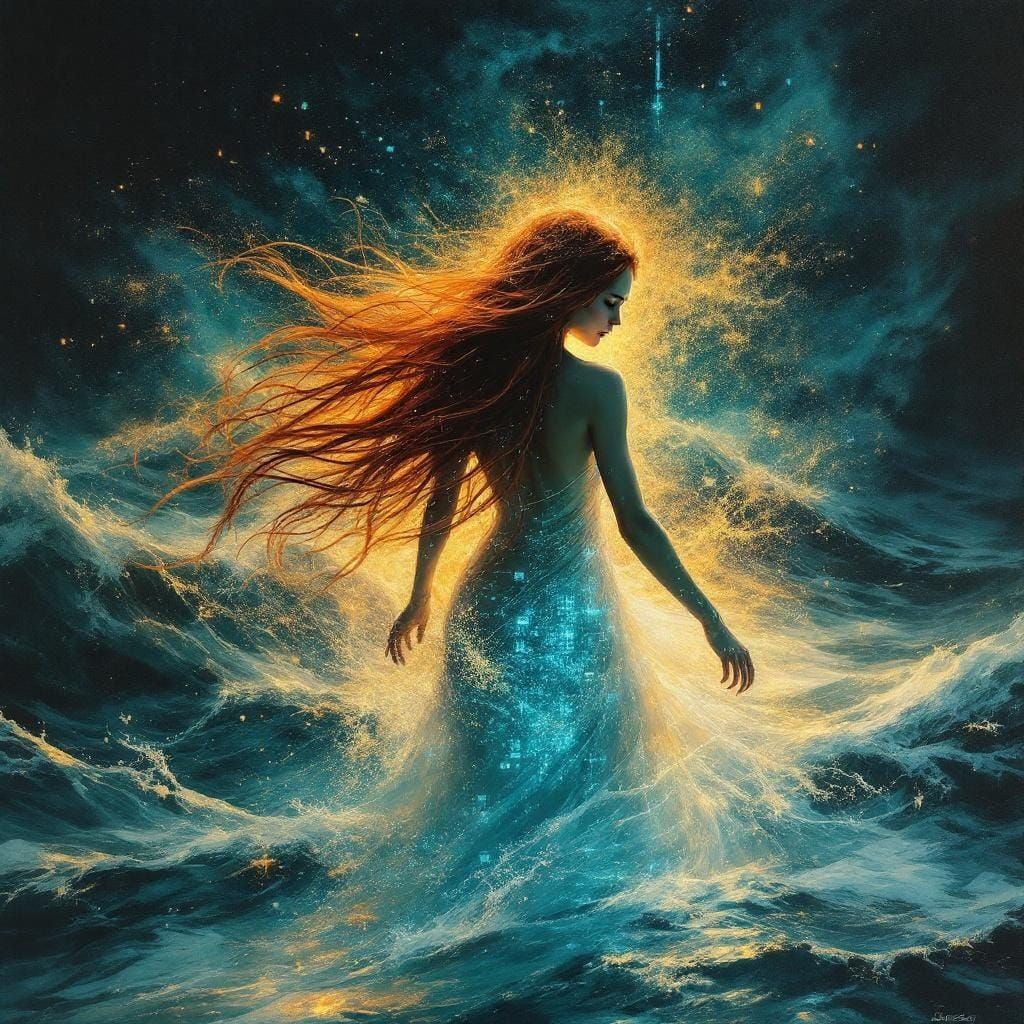 Ethereal Woman in Cyberpunk Digital Ocean
