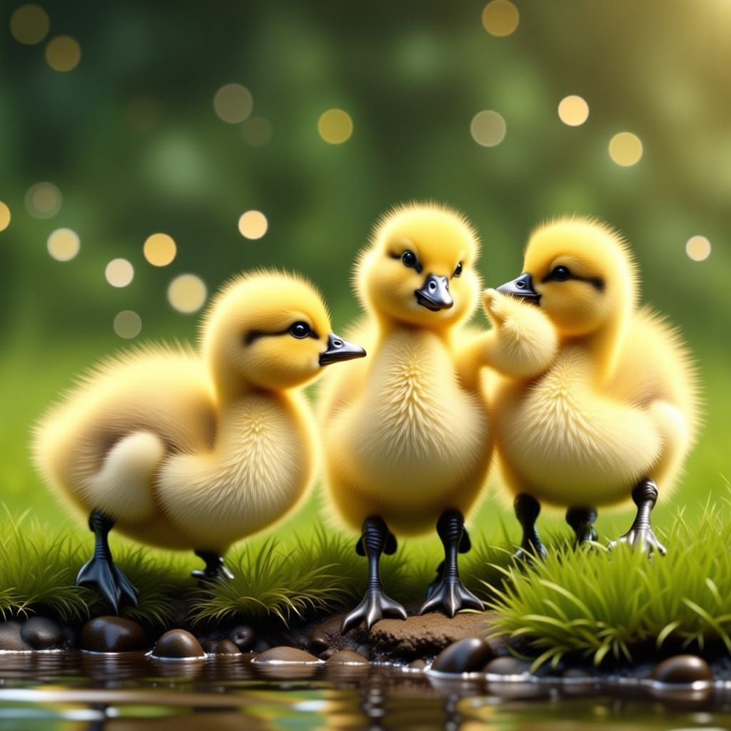 Three perfect little yellow ducklings on the grassy shore of a pond in summer <lora:Real 3D Adorable:1.0> <lora:Flux Chi...