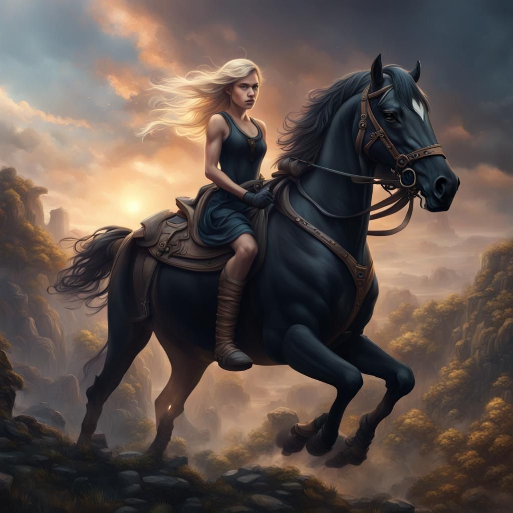 Girl on a Majestic Black Horse in a Vibrant Fantasy Landscap...