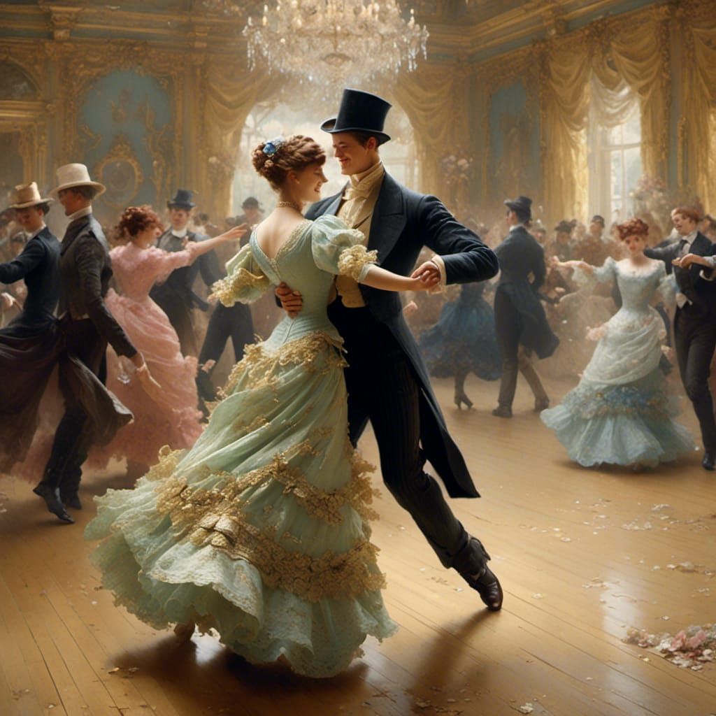 Rustic Victorian Couple Dancing in a Whimsical Dance Hall