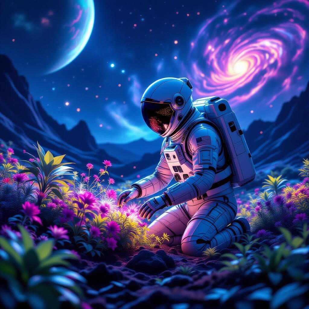Astronaut Tends Bioluminescent Garden on Moon Under Nebula G...