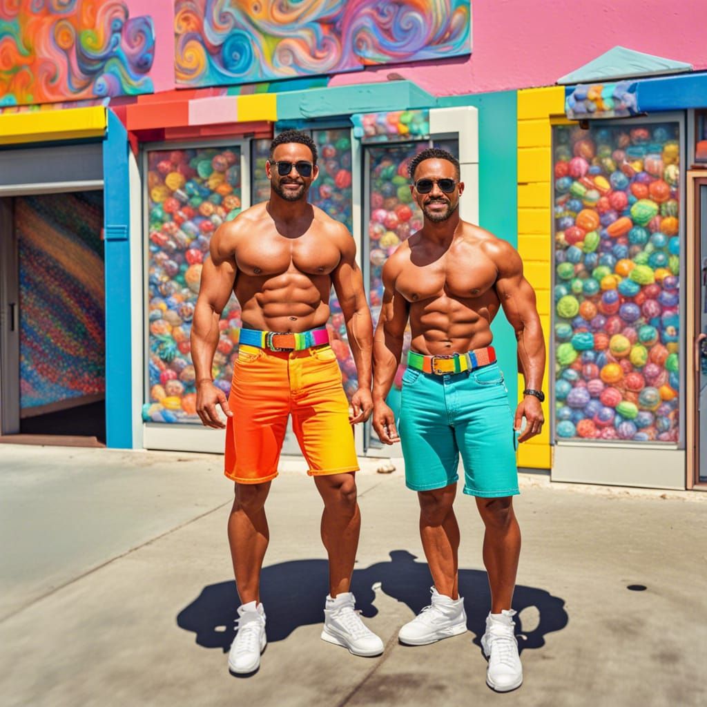 Muscular Men Strut Through Candy-Colored Venice Beach in Whi...