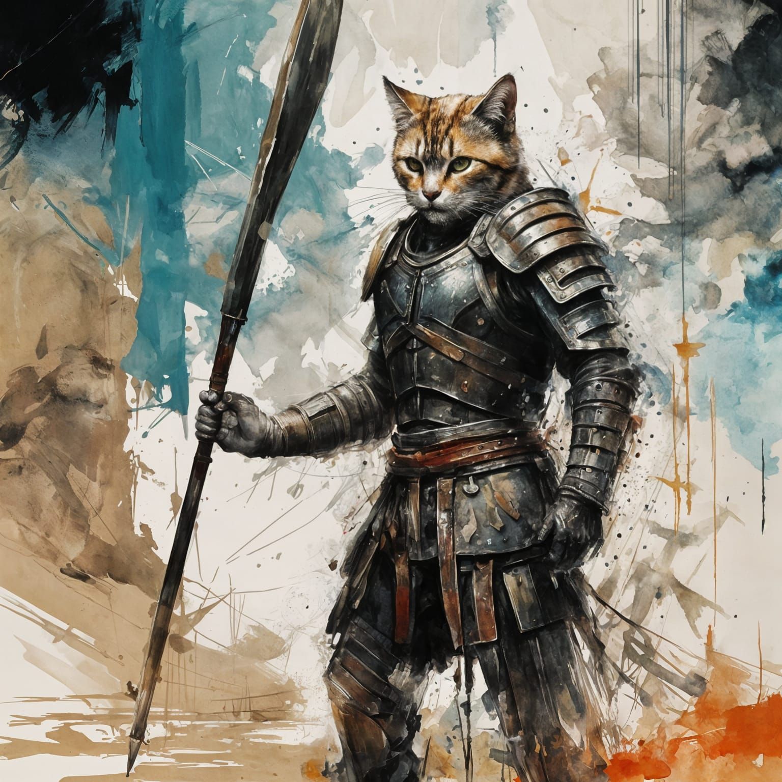 Victorious Cat Gladiator in Gouache Style