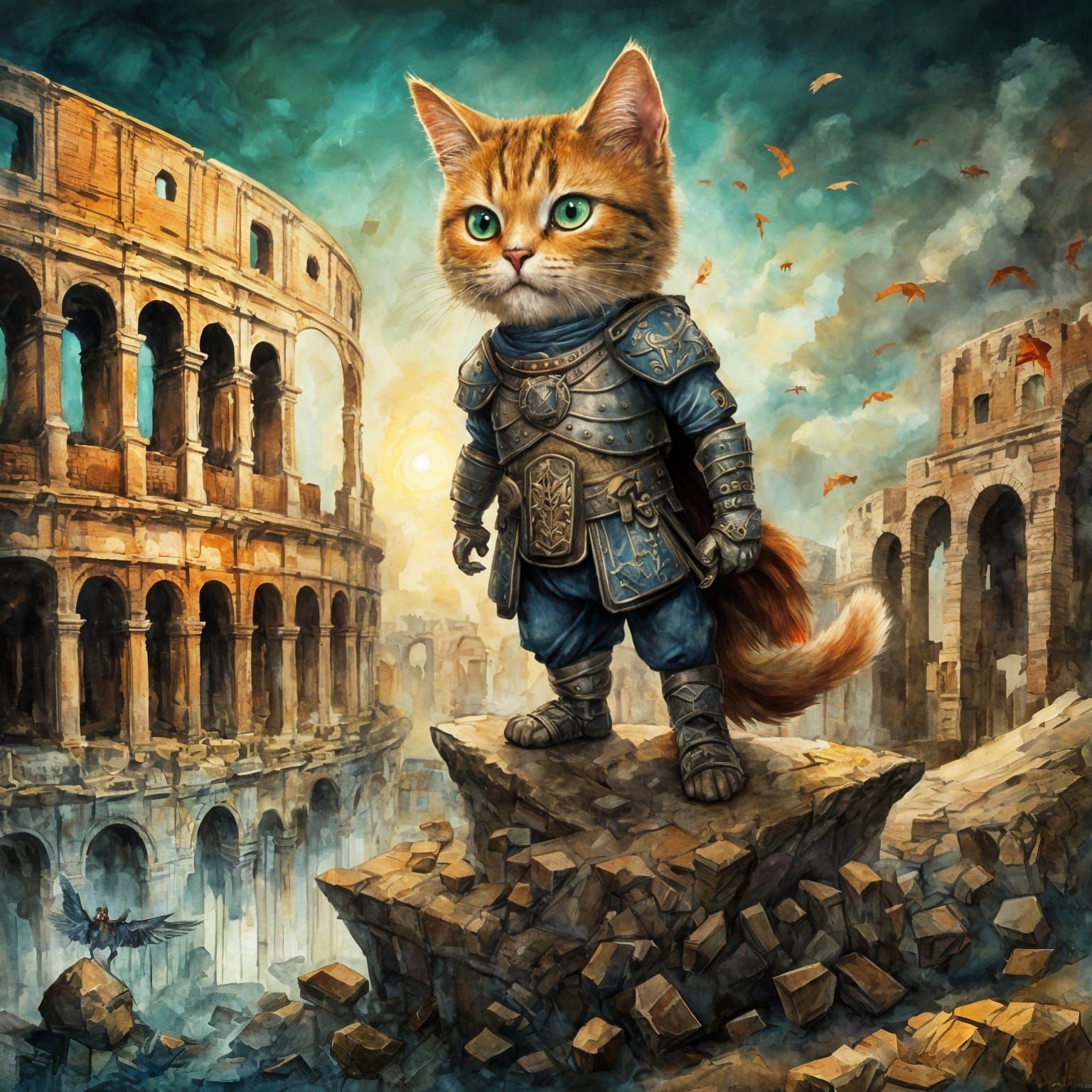 Anthropomorphic Gladiator Cat's Victory: Gouache and Waterco...