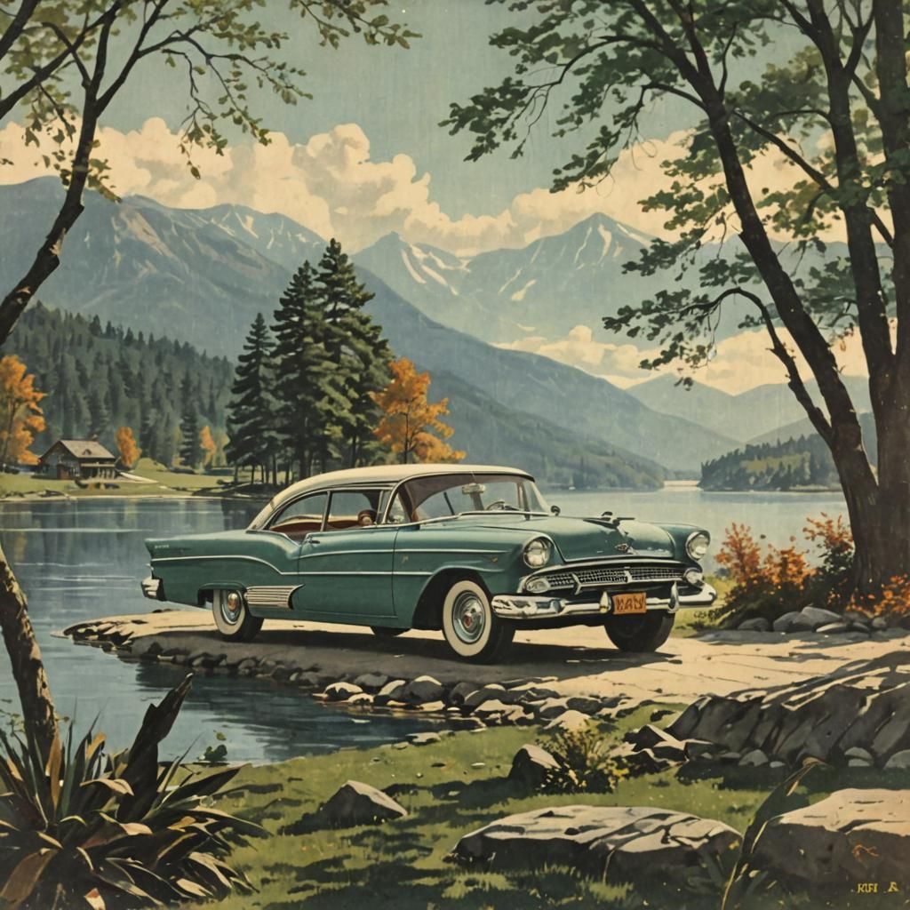 Chevrolet Bel Air Advert Art 1950s Retro Lake Scene