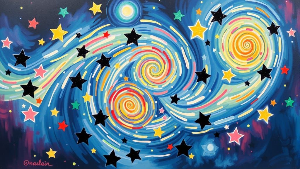 Multicoloured Stars and Vortexes on Oil Canvas